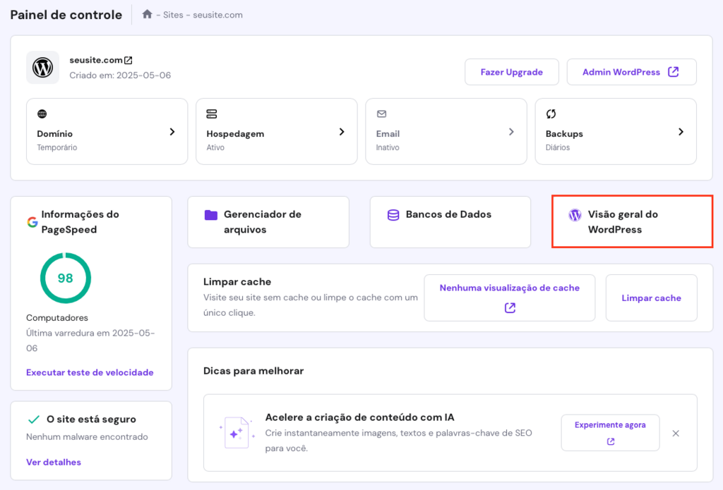 bot&atilde;o vis&atilde;o geral do wordpress no hpanel