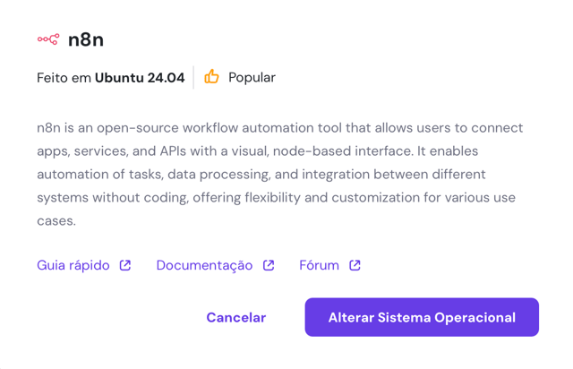 alterar sistema operacional para n8n na tela de mudar SO do hpanel