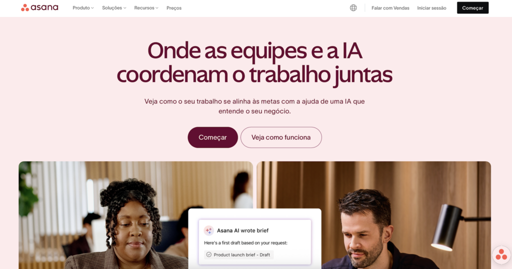 exemplos de saas: p&aacute;gina inicial do asana