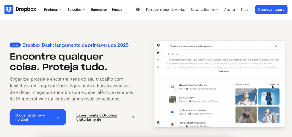 p&aacute;gina inicial do dropbox