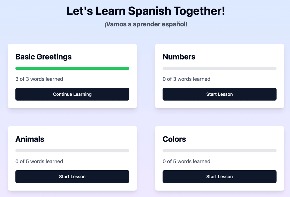 web app criado com a hostinger horizons para aprendizado de idiomas com animais e cores
