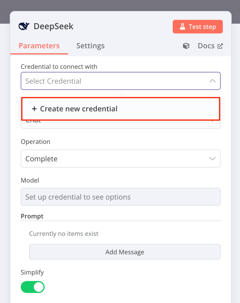 op&ccedil;&atilde;o criar nova credencial nos par&acirc;metros no n8n para deepseek