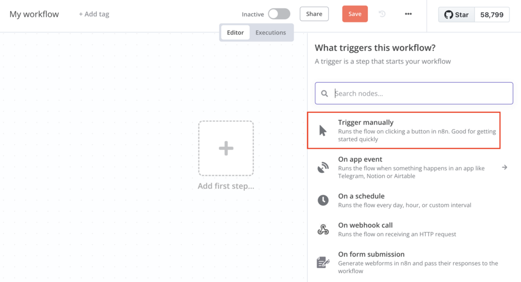 editor do n8n com op&ccedil;&atilde;o trigger manually destacada