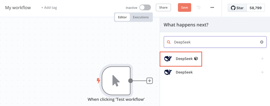 editor do n8n trabalhando com deepseek