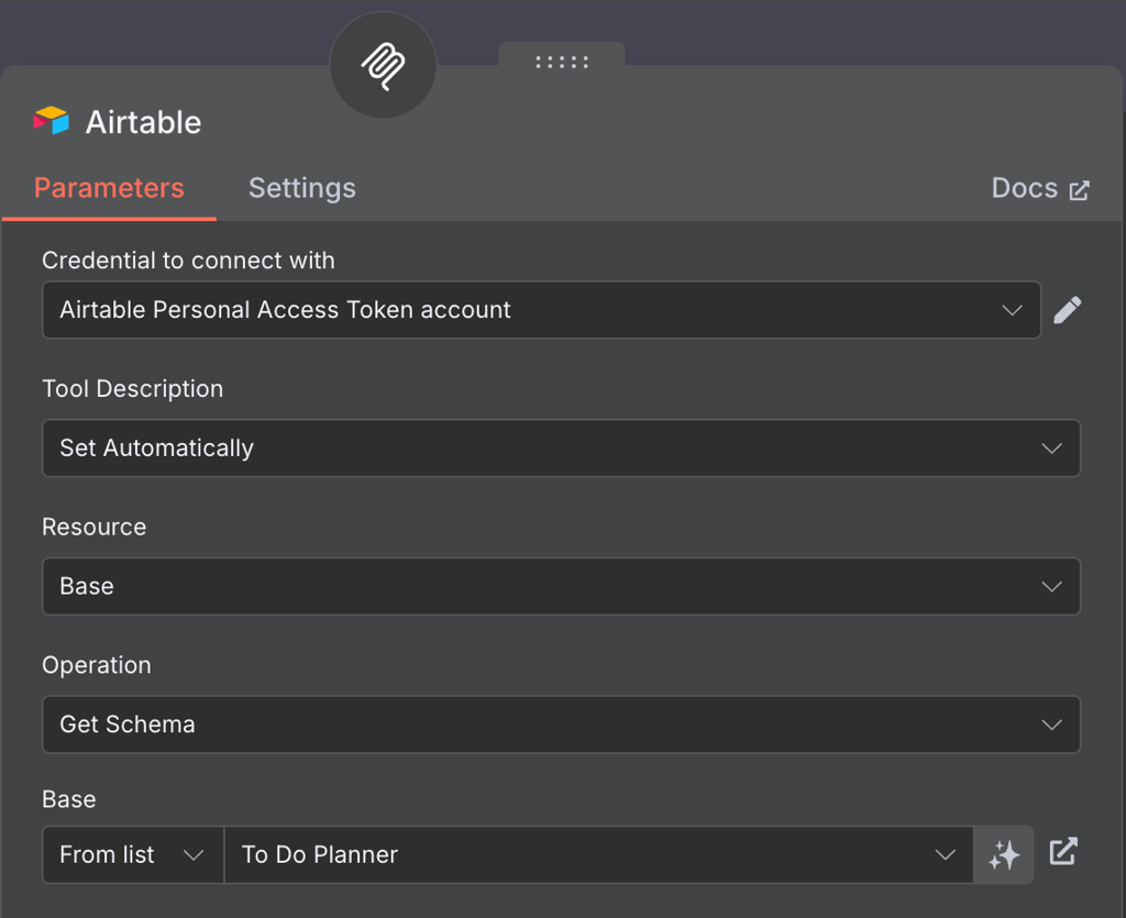 página de configuração do nó airtable