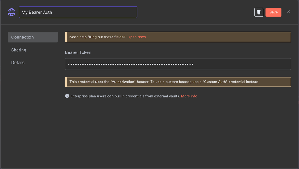 janela de configura&ccedil;&atilde;o do bearer no n8n