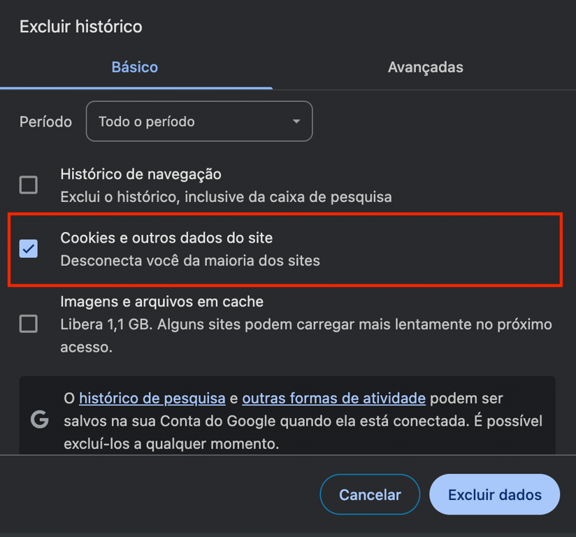 Caixa de sele&ccedil;&atilde;o de cookies para excluir dados do Google Chrome