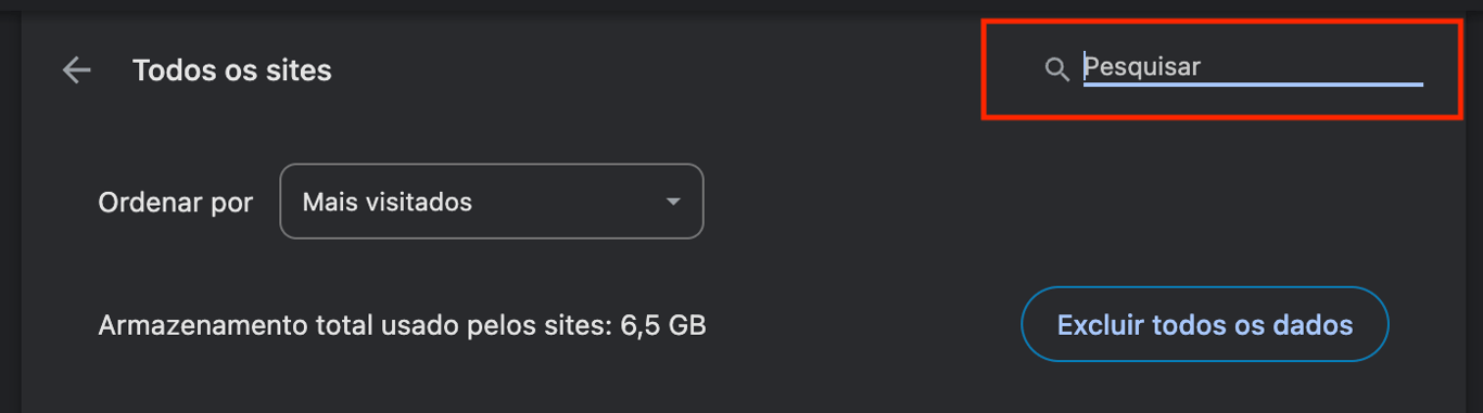 Campo de pesquisar dos Cookies