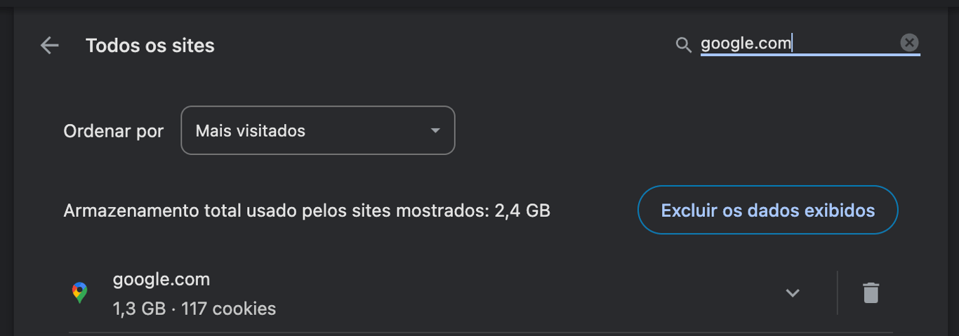 Pesquisando um site no campo de pesquisa dos cookies