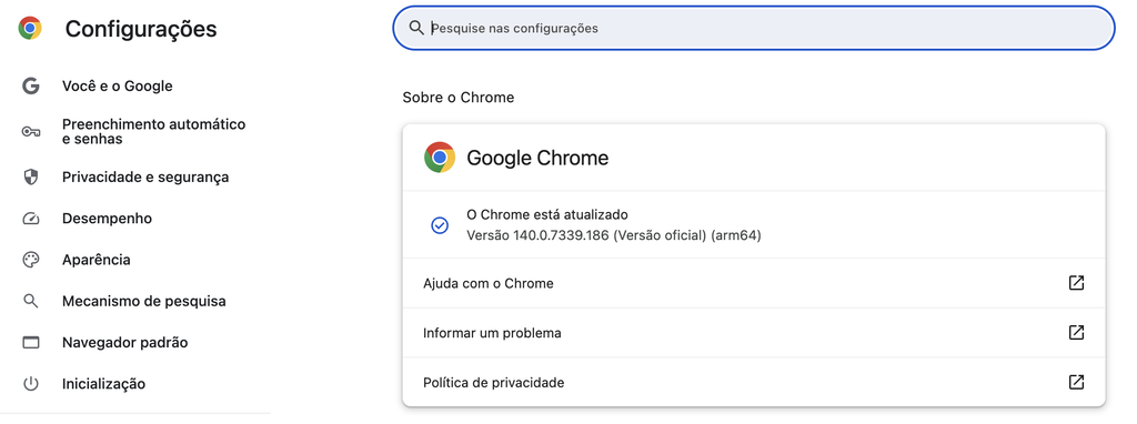 tela " sobre o chrome" mostrando que o navegador está atualizado