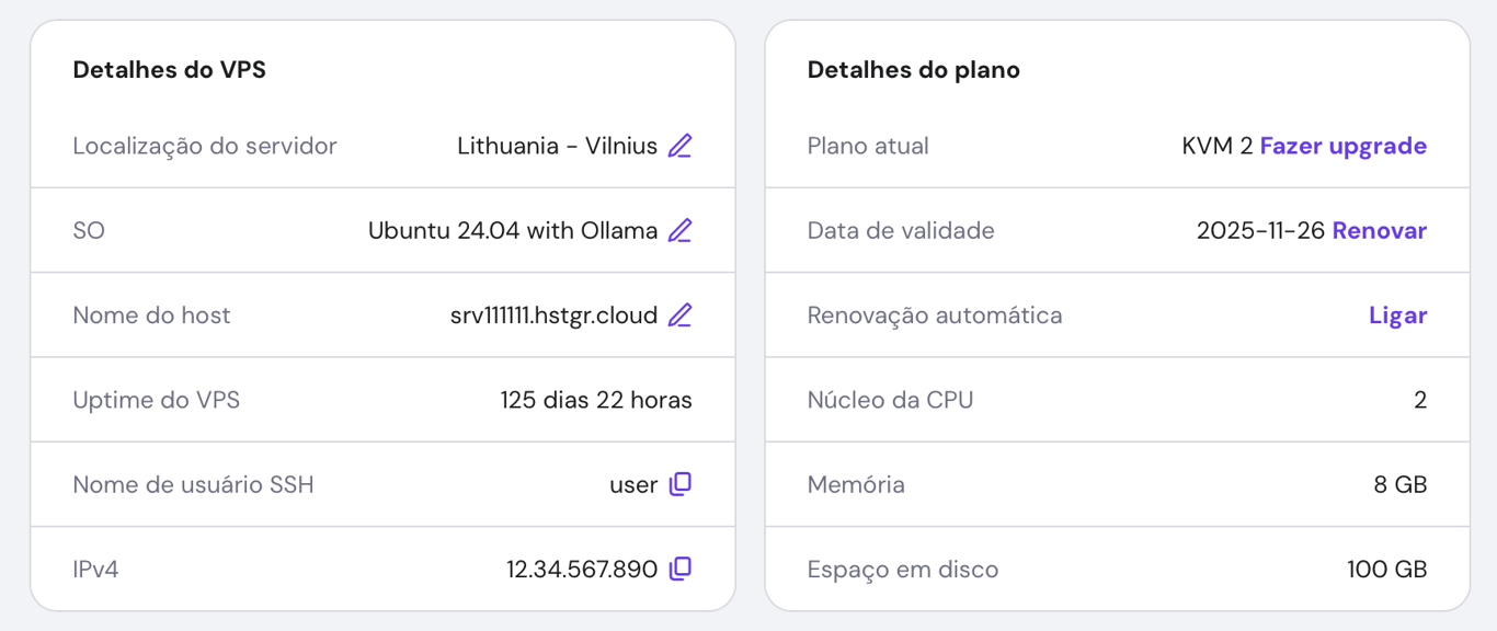 Captura de tela do hPanel da Hostinger mostrando detalhes do VPS, incluindo o endereço IP.