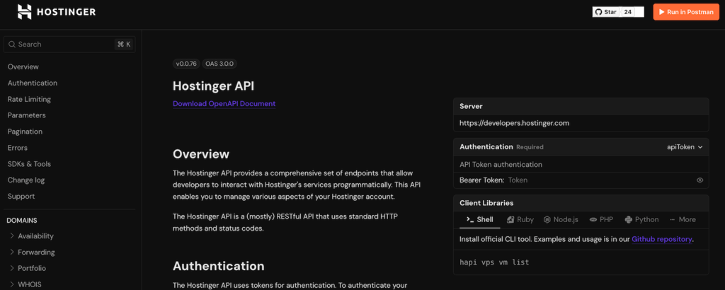 página de documentação da api pública da hostinger