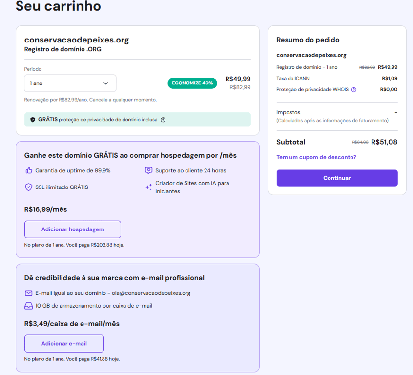tela de compra de domínio na hostinger