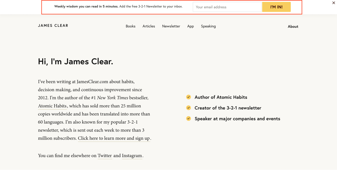 formulário de inscrição flutuante de James clear