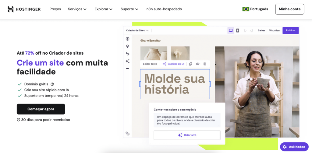 landing page do criador de sites da hostinger