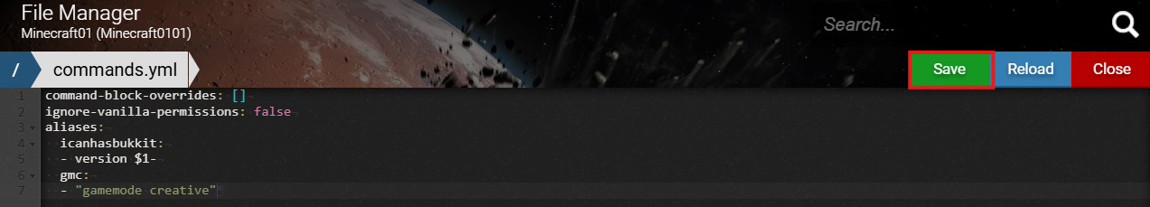 Exemplo de configuração de aliases no arquivo commands.yml de um servidor Minecraft.