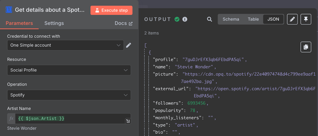 Exemplo de sa&iacute;da do OneSimpleAI, demonstrando como buscar dados usando a API do Spotify no n8n.