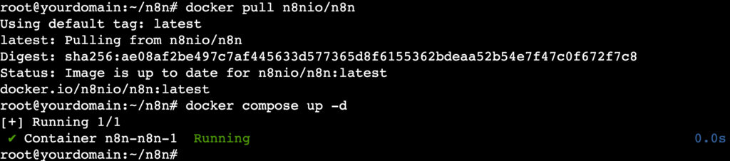 Comando no terminal para baixar a última imagem do n8n no Docker e iniciar o contêiner.
