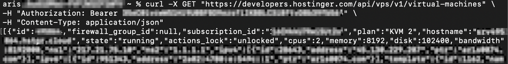 Saída da chamada de API com o comando cURL, mostrando a resposta no formato JSON.