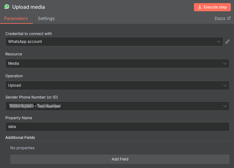 Janela de configura&ccedil;&atilde;o do n&oacute; WhatsApp Upload Media