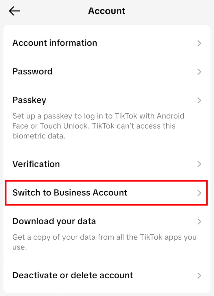 Configurações do TikTok mostrando a opção Mudar para Conta Comercial
