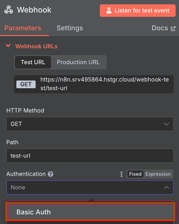 Configura&ccedil;&atilde;o do m&eacute;todo de autentica&ccedil;&atilde;o no n&oacute; Webhook do n8n, com op&ccedil;&otilde;es para proteger a URL do webhook.