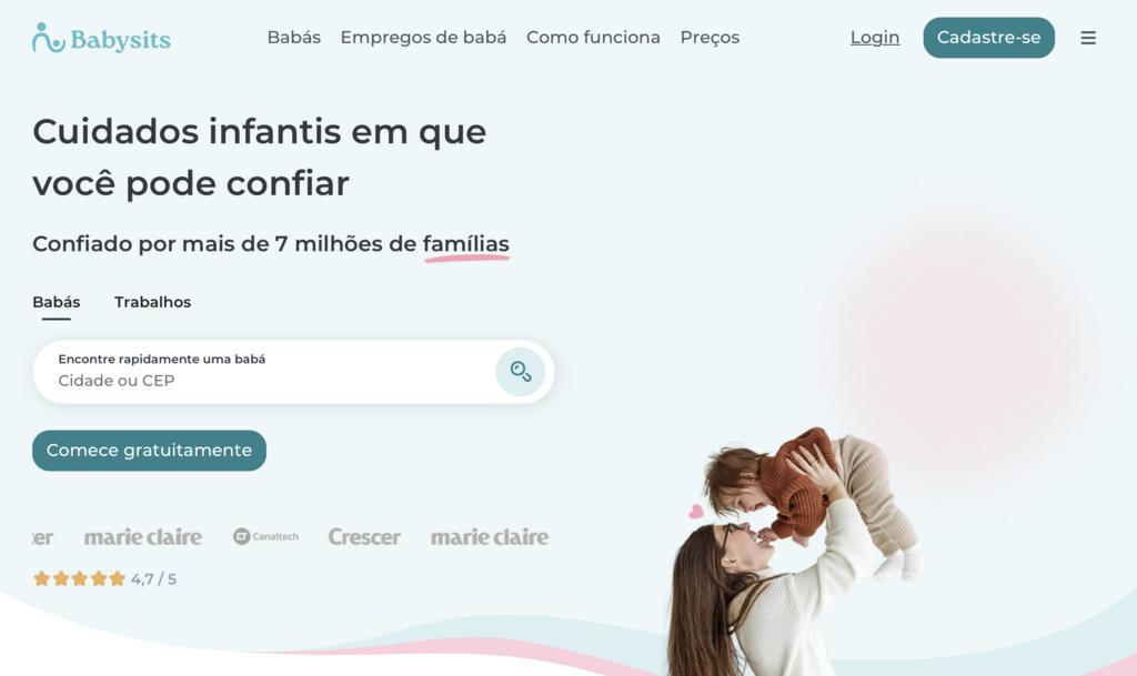 página inicial da babysits