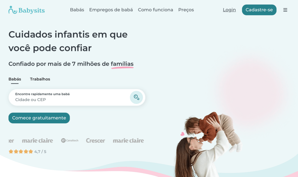 p&aacute;gina inicial da babysits