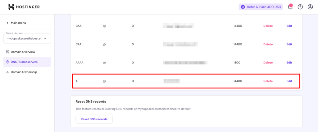 Configura&ccedil;&otilde;es de DNS de dom&iacute;nio personalizado mostrando a configura&ccedil;&atilde;o de registro A.