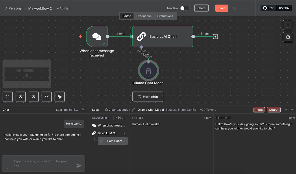 Interface de gatilho de bate-papo no canvas n8n
