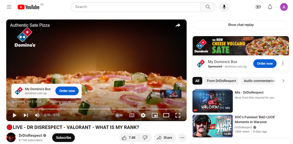 Anúncios na transmissão do DrDisrespect no YouTube