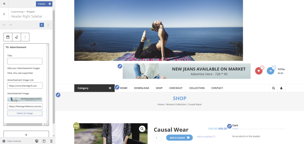 Gerenciando anúncios na seção da barra lateral do cabeçalho da loja virtual