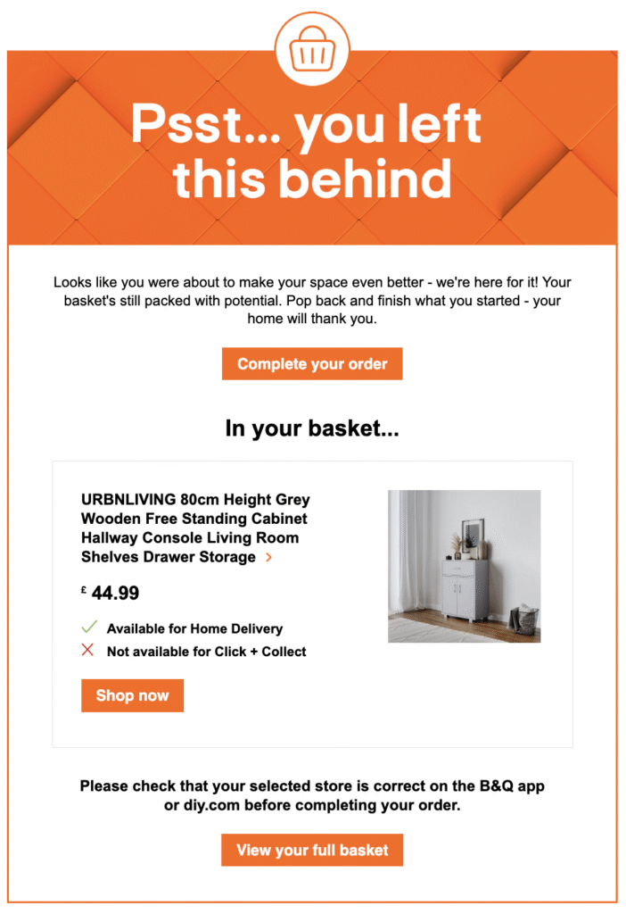 E-mail de recuperação de carrinho abandonado da B&Q
