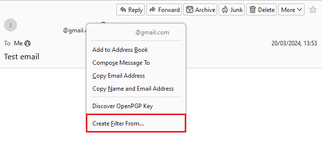 Pr&eacute;-visualiza&ccedil;&atilde;o de e-mail do Thunderbird, destacando a op&ccedil;&atilde;o de criar um filtro.
