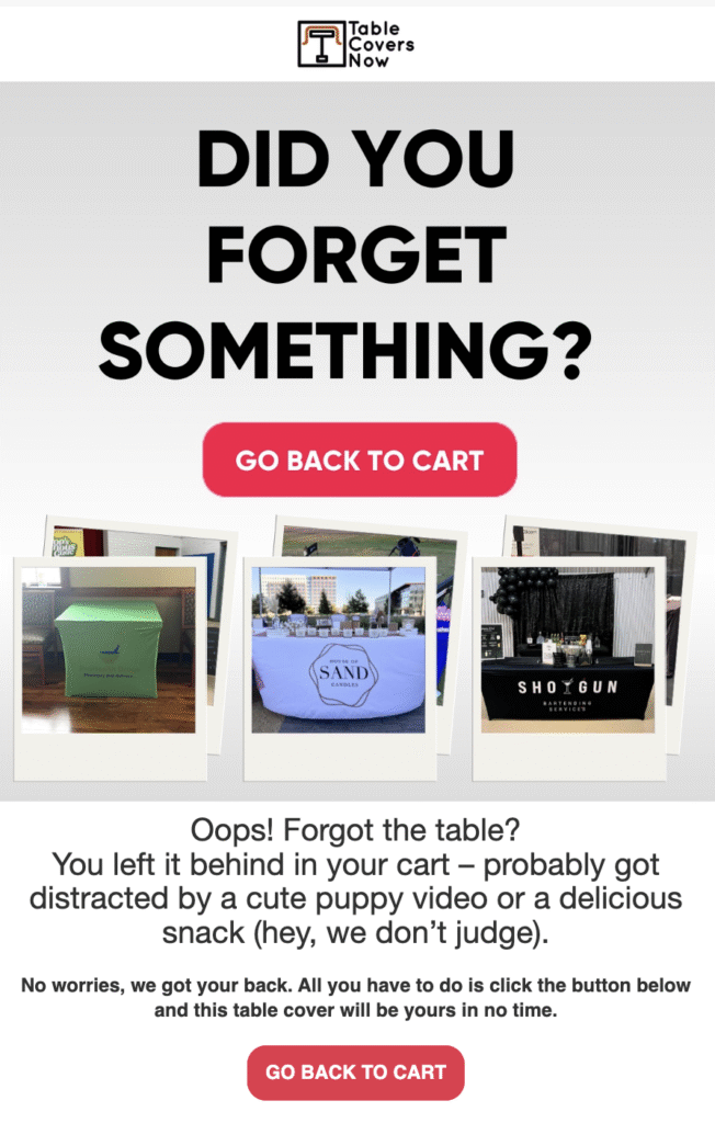 E-mail de recuperação de carrinho abandonado da Table Covers Now
