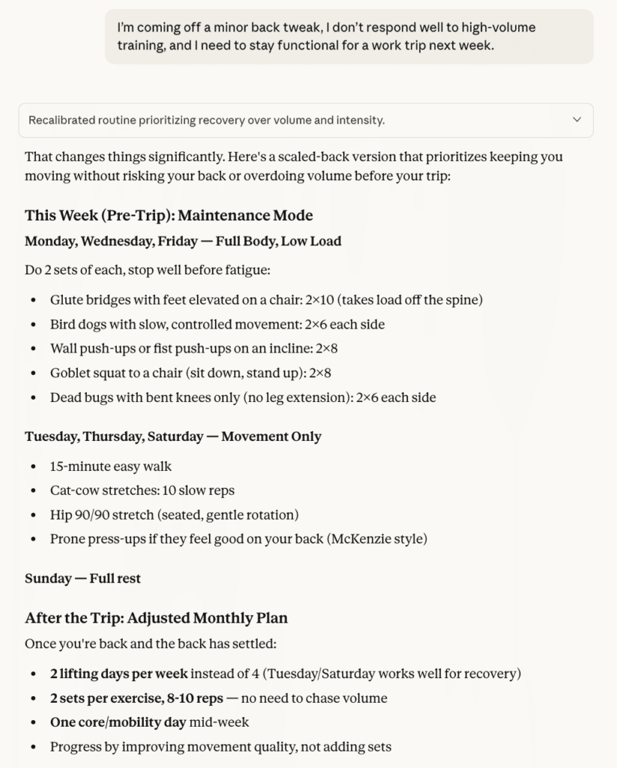 Claude AI gera uma rotina de exerc&iacute;cios de 30 minutos adaptada para uma les&atilde;o no polegar.