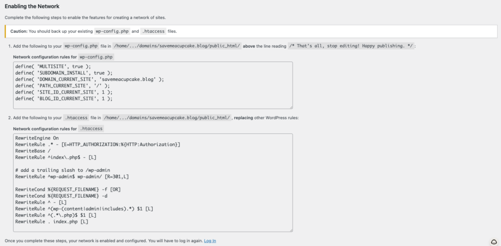 P&aacute;gina de configura&ccedil;&atilde;o de rede do WordPress com trechos de c&oacute;digo para configurar uma nova rede.