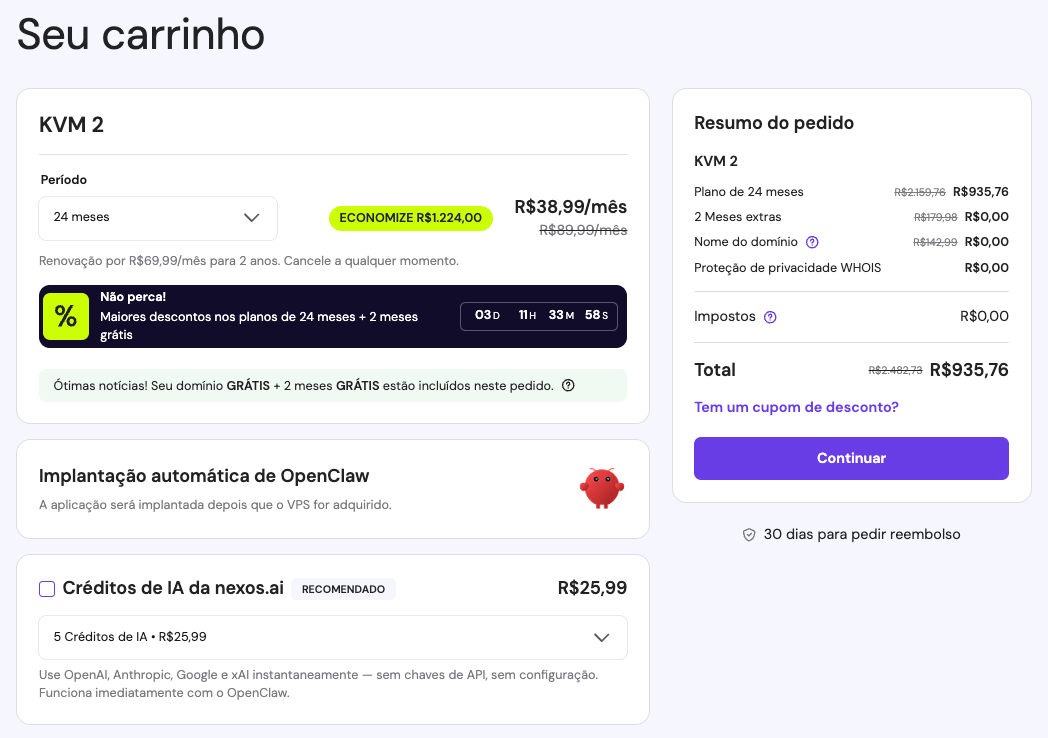 Janela de compra do OpenClaw na Hostinger com o complemento de créditos Nexos AI selecionado