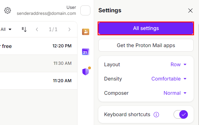 Configura&ccedil;&otilde;es do Proton, destacando o acesso a mais configura&ccedil;&otilde;es.