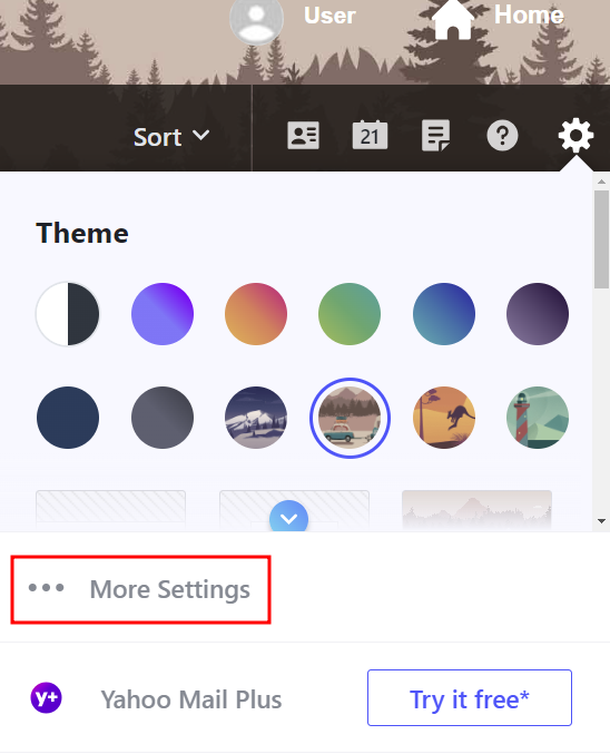 Configura&ccedil;&otilde;es do Yahoo, destacando a op&ccedil;&atilde;o Mais configura&ccedil;&otilde;es