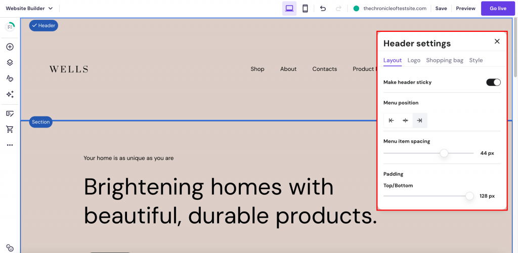 Configura&ccedil;&otilde;es de cabe&ccedil;alho do construtor de sites da Hostinger