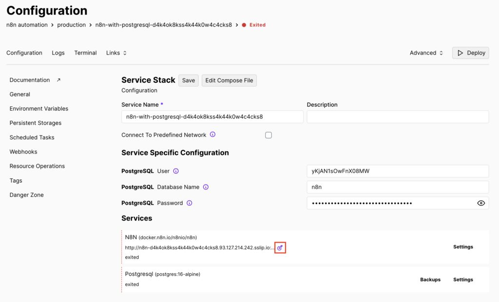 O botão Editar na página de Configuração do Coolify