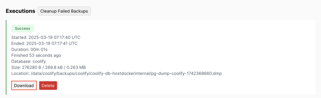 O botão Download na seção Execuções do Coolify