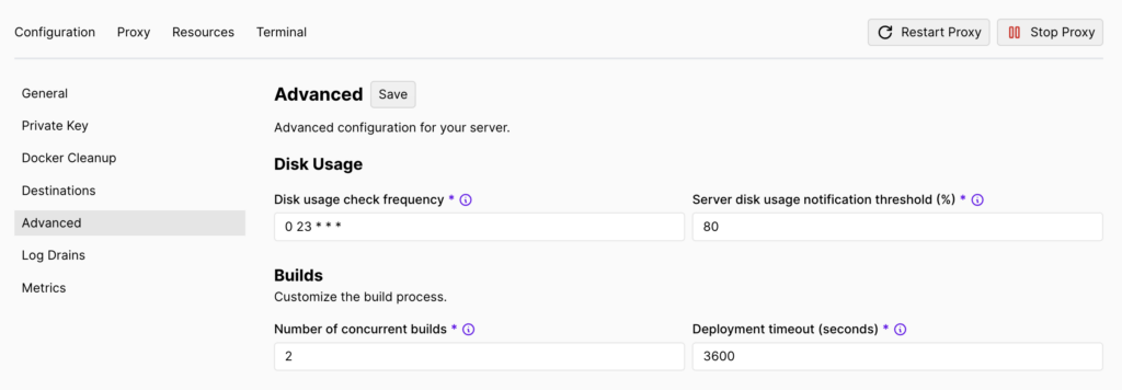 A seção Avançada na página do servidor do Coolify
