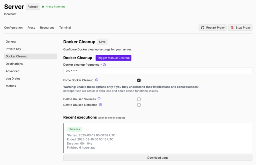 A seção de limpeza do Docker na página do servidor da Coolify.