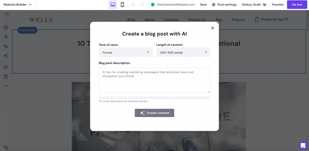 Gerador de blogs com IA da Hostinger