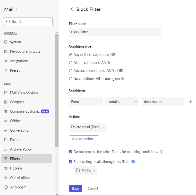 Configurando um novo filtro no Zoho Mail