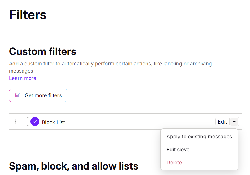 Lista de filtros personalizados do Proton
