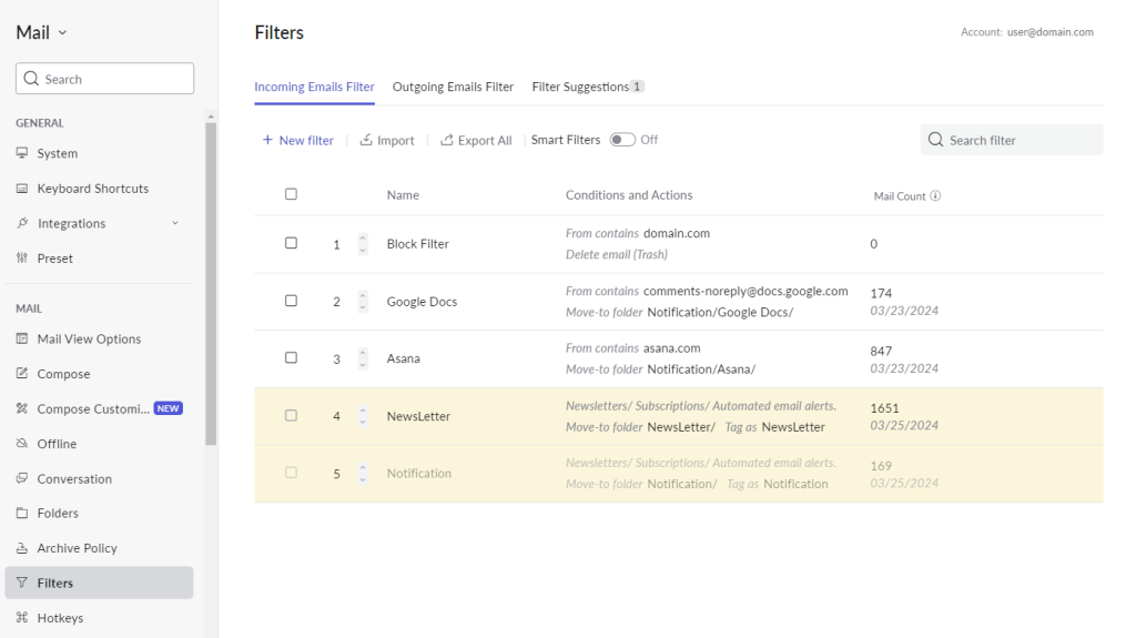 Se&ccedil;&atilde;o de filtros no Zoho Mail