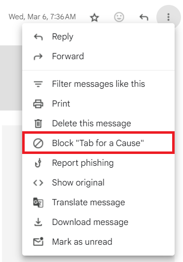 Mais configura&ccedil;&otilde;es no Gmail, destacando a op&ccedil;&atilde;o de bloqueio.